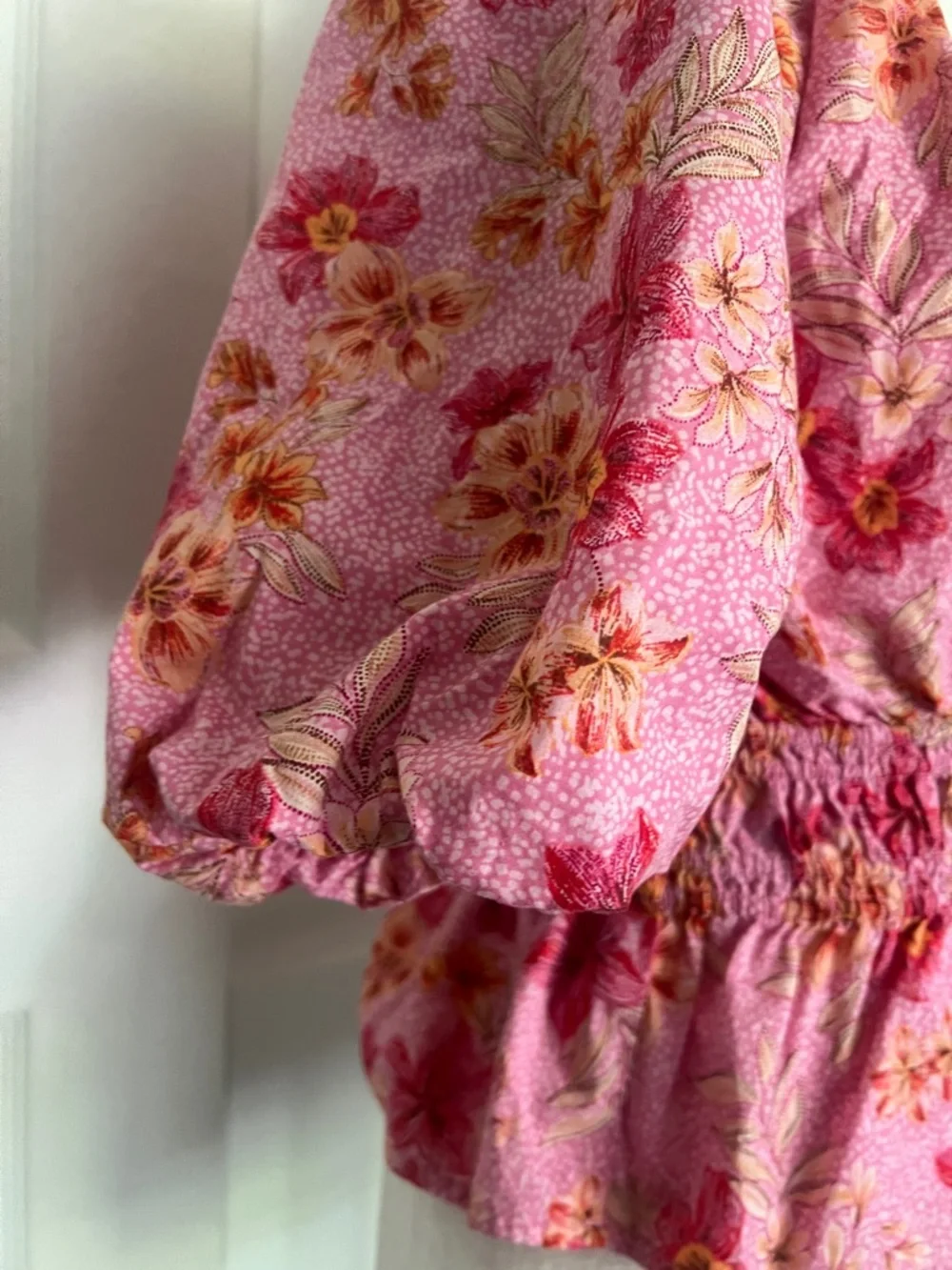 LOFT Pink Floral Blouse Large Peplum V Neck Puff Sleeve Lightweight Top